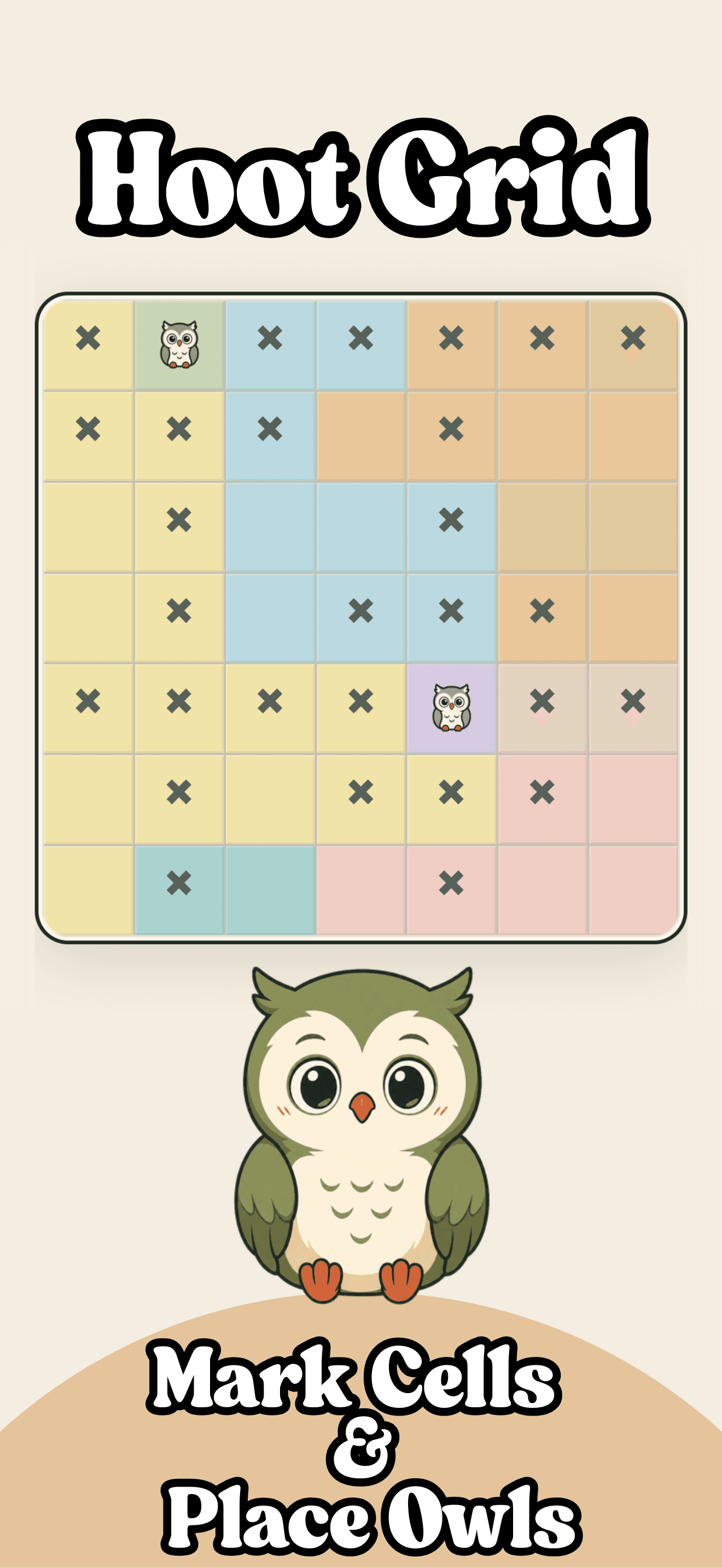Hoot Grid App Store preview showing a puzzle board with owls, X marks, and the headline Mark Cells and Place Owls.