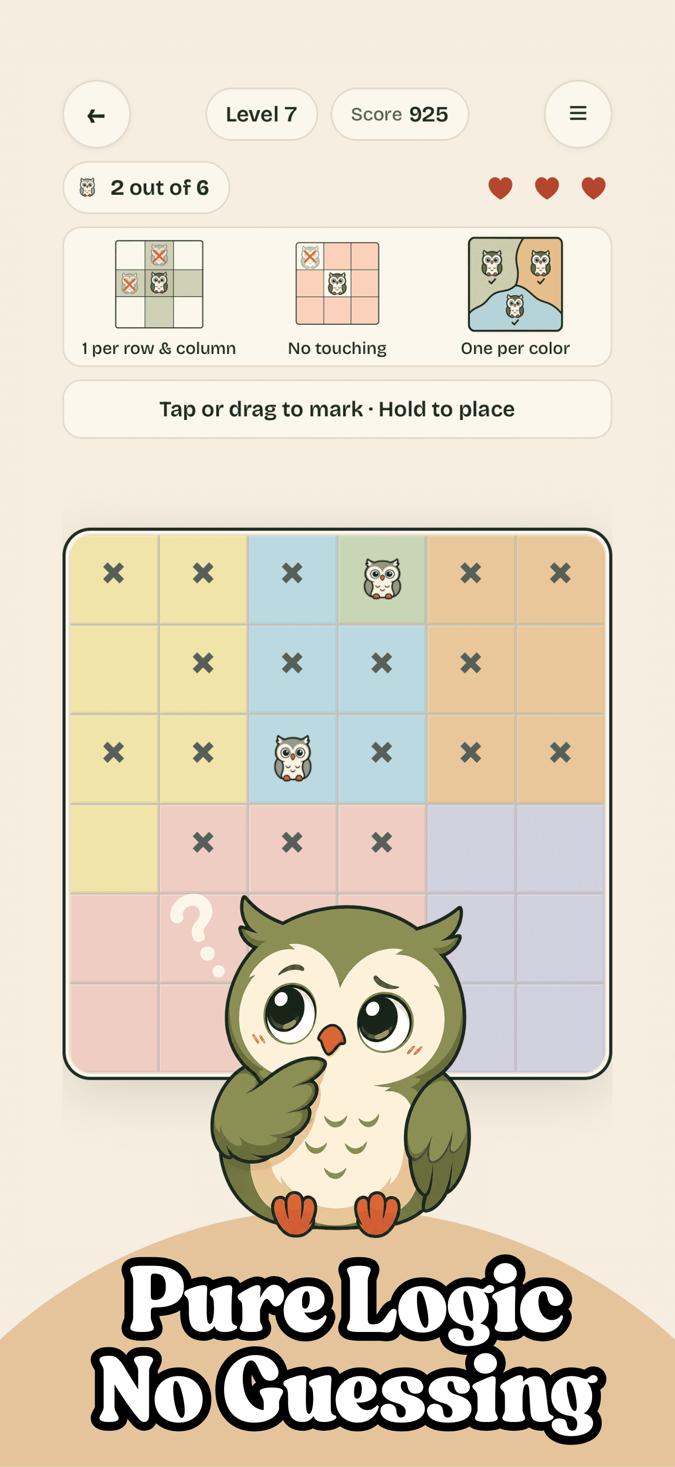 Hoot Grid App Store preview showing the level screen, puzzle rules, and the headline Pure Logic No Guessing.