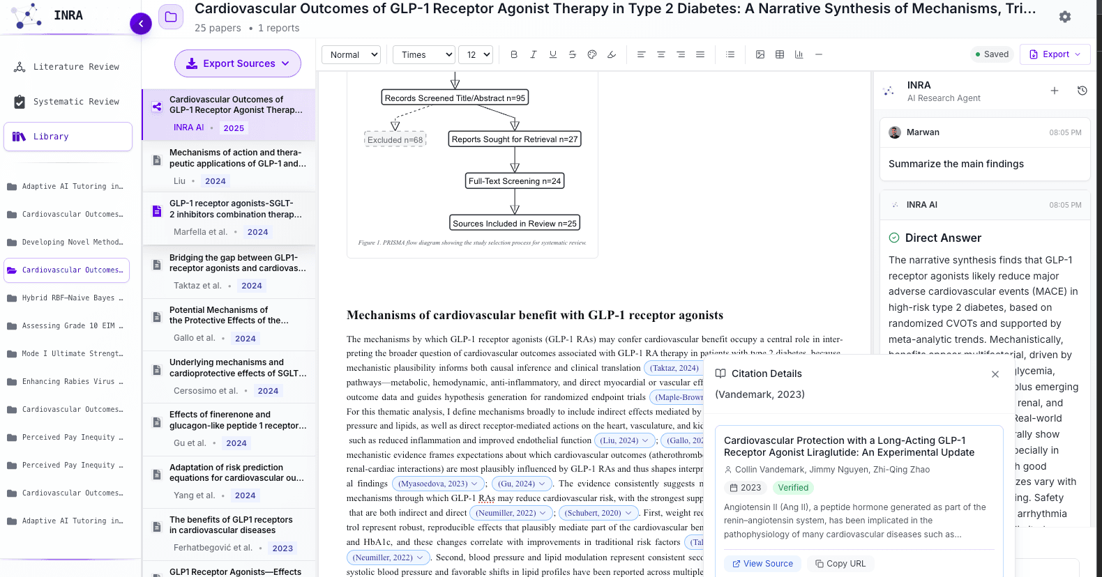 INRA AI research workspace showing a literature review, library sources, citation details, and an AI answer panel.